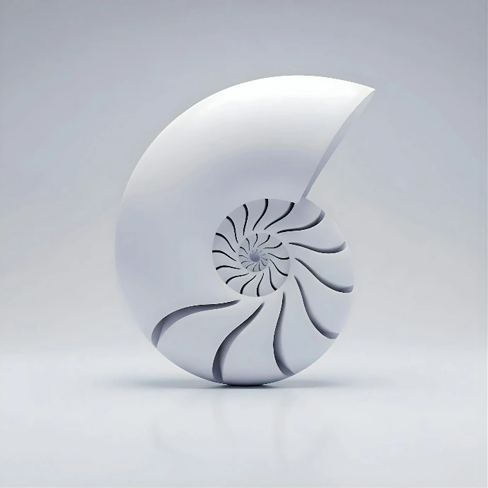 A white nautilus shell spiral on a light background